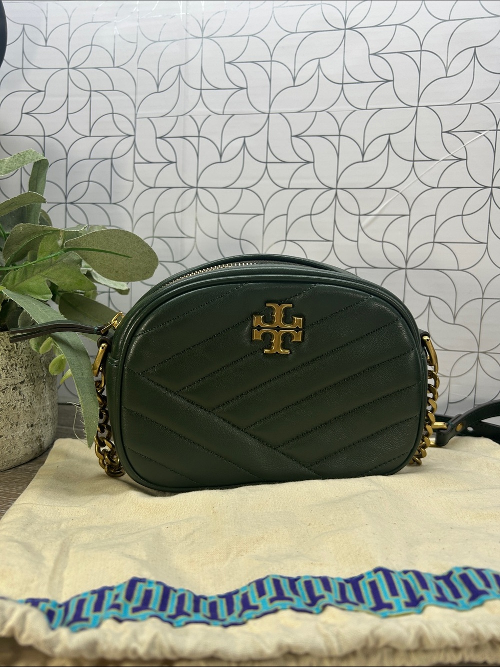 Tory Burch Dark Green Quilted Leather Crossbody with Gold Hardware